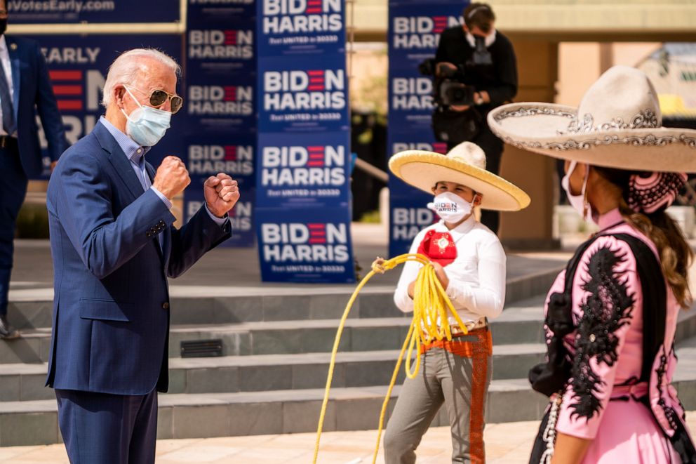 PHOTO: Democratic presidential nominee Joe Biden meets with residents and community leaders to discuss the disproportionate ways COVID-19 has impacted Latinos in Las Vegas, Oct. 9, 2020.