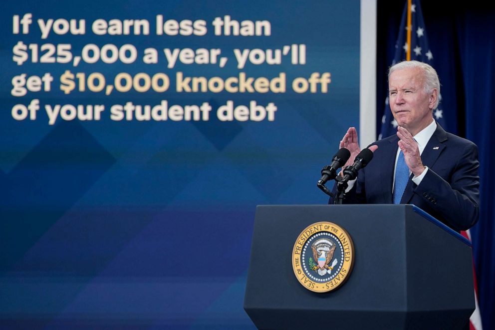 PHOTO: President Joe Biden speaks about the student debt relief portal beta test in the South Court Auditorium on the White House complex in Washington, Oct. 17, 2022.