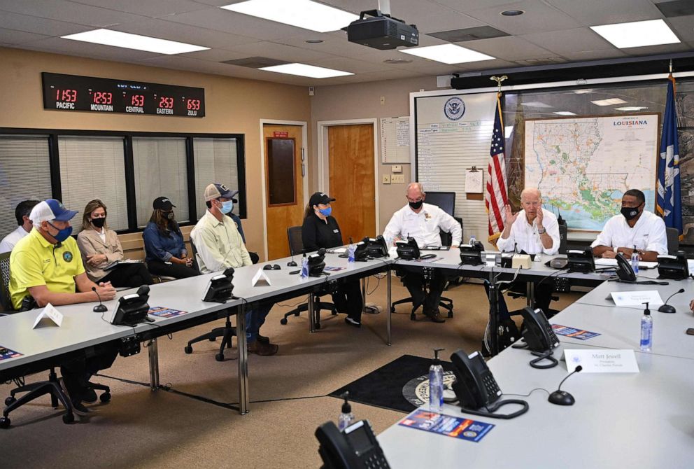 PHOTO: President Joe Biden takes part in a briefing with local leaders on the impact of Hurricane Ida at the  St. John Parish's Emergency Operations Center in LaPlace, La., Sept. 3, 2021.
