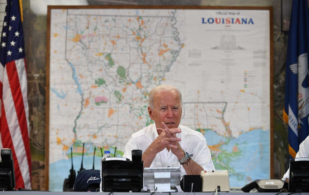 PHOTO: President Joe Biden takes part in a briefing with local leaders on the impact of Hurricane Ida at the St. John Parish's Emergency Operations Center in LaPlace, La., Sept. 3, 2021.