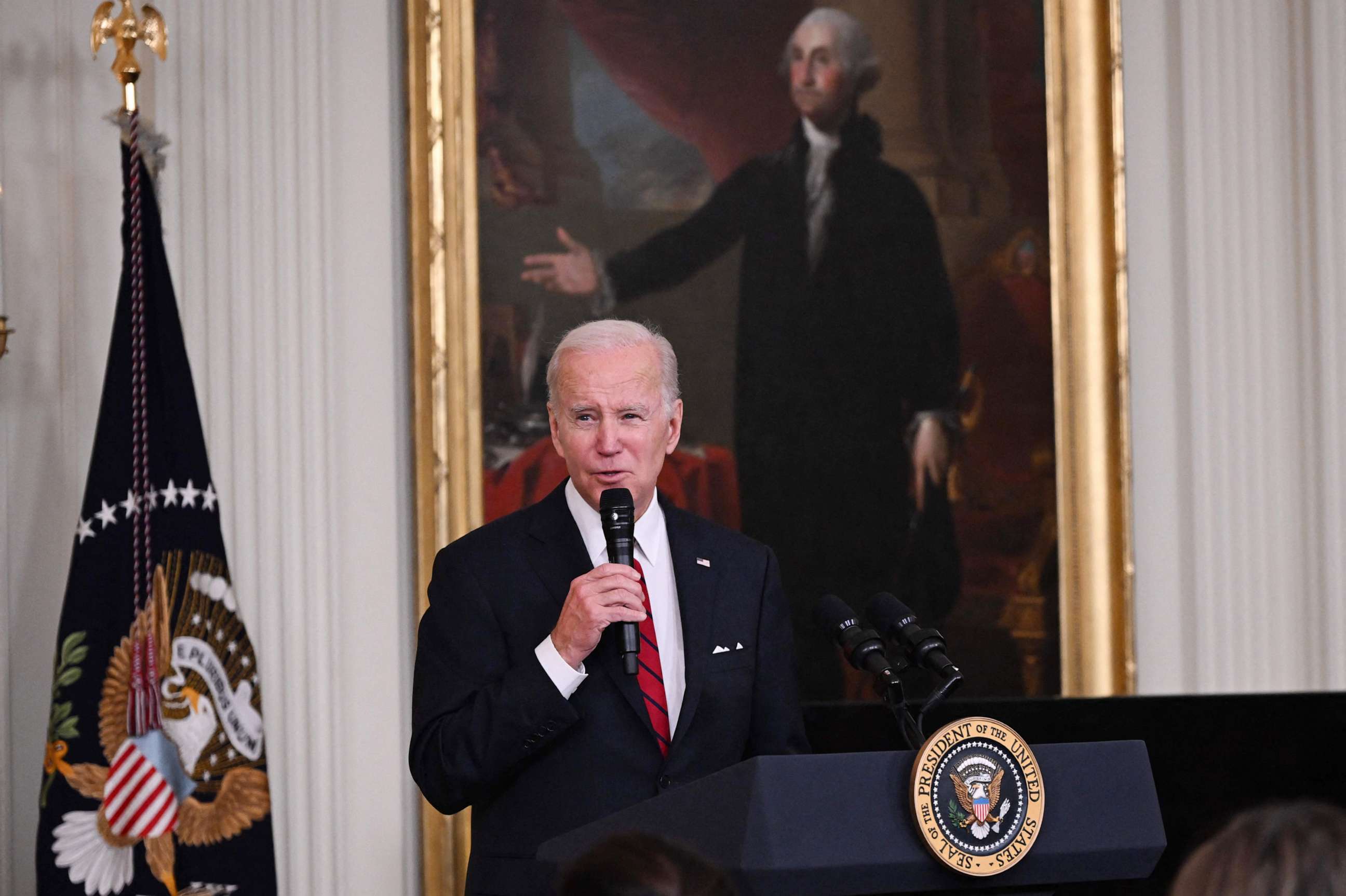 PHOTO: President Joe Biden speaks during a reception to celebrate the Lunar New Year, in the East Room of the White House in Washington on Jan. 26, 2023.
