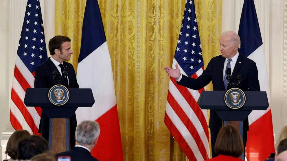 PHOTO: President Joe Biden speaks as French President Emmanuel Macron listens during a joint press conference in the East Room of the White House, Dec. 1, 2022. 