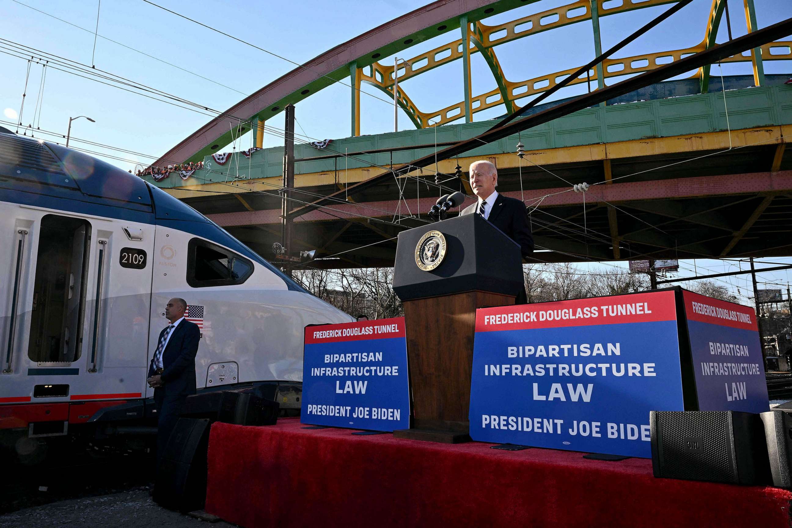 PHOTO: US President Joe Biden delivers remarks on how the Bipartisan Infrastructure Law will provide funding to replace the 150 year old Baltimore and Potomac Tunnel, at the Baltimore and Potomac Tunnel North Portal in Baltimore, Jan. 30, 2023.