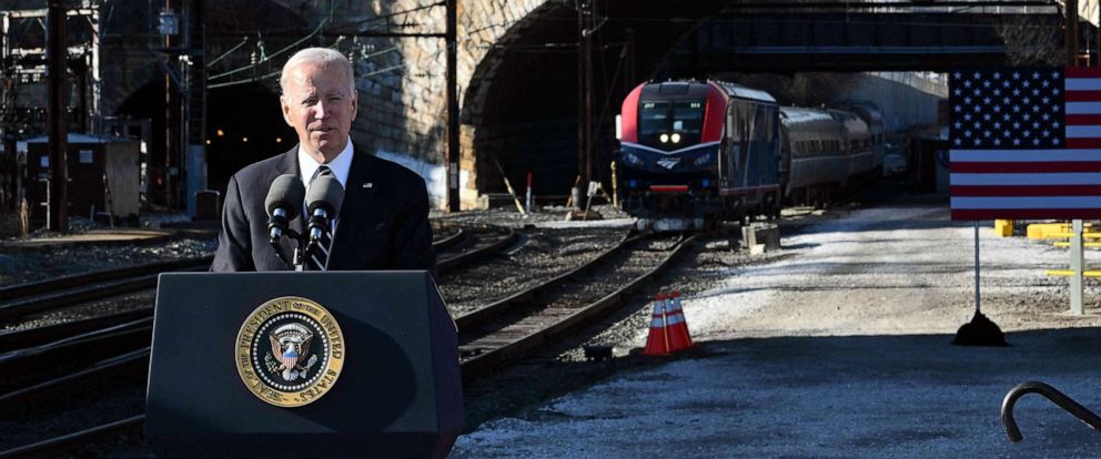 PHOTO: US President Joe Biden delivers remarks on how the Bipartisan Infrastructure Law will provide funding to replace the 150 year old Baltimore and Potomac Tunnel, at the Baltimore and Potomac Tunnel North Portal in Baltimore, Jan. 30, 2023.