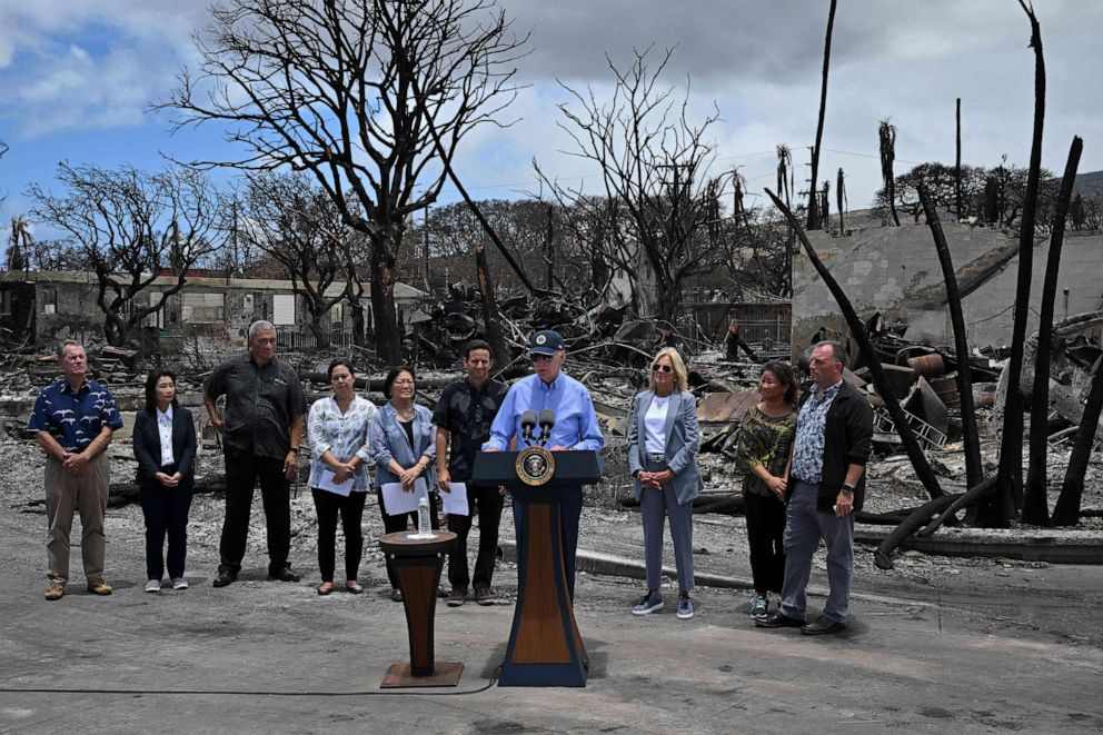 PHOTO: President Joe Biden delivers remarks as he visits an area devastated by wildfires in Lahaina, Hawaii on Aug. 21, 2023.