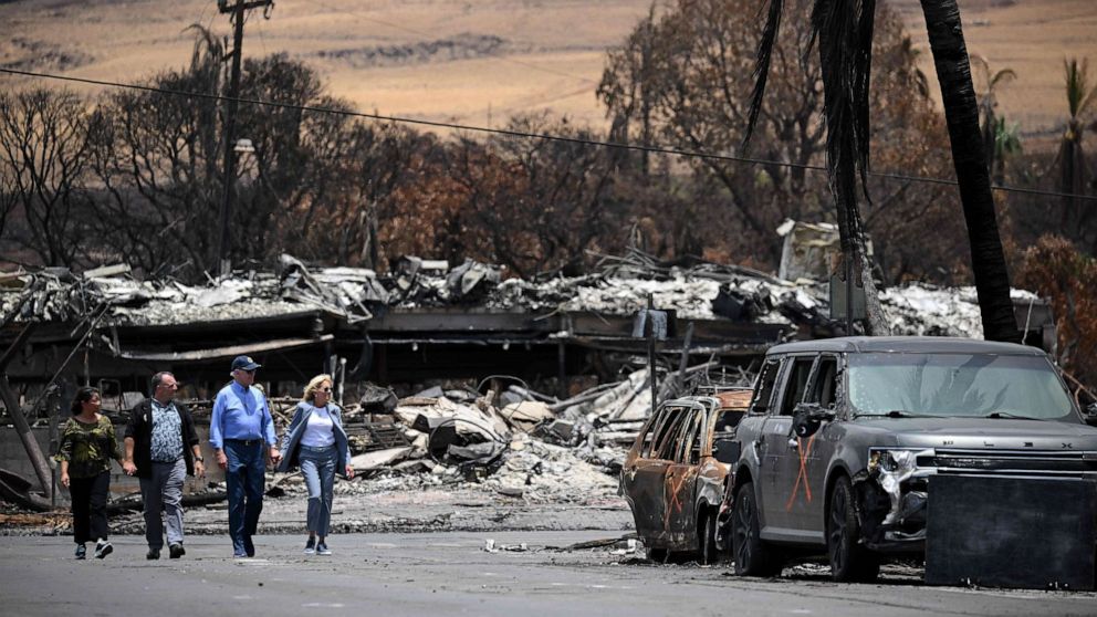 PHOTO: President Joe Biden (2nd R), US First Lady Jill Biden (R), Hawaii Governor Josh Green (2nd L) and Jaime Green, First Lady of Hawaii, visit an area devastated by wildfires in Lahaina, Hawaii on Aug. 21, 2023.