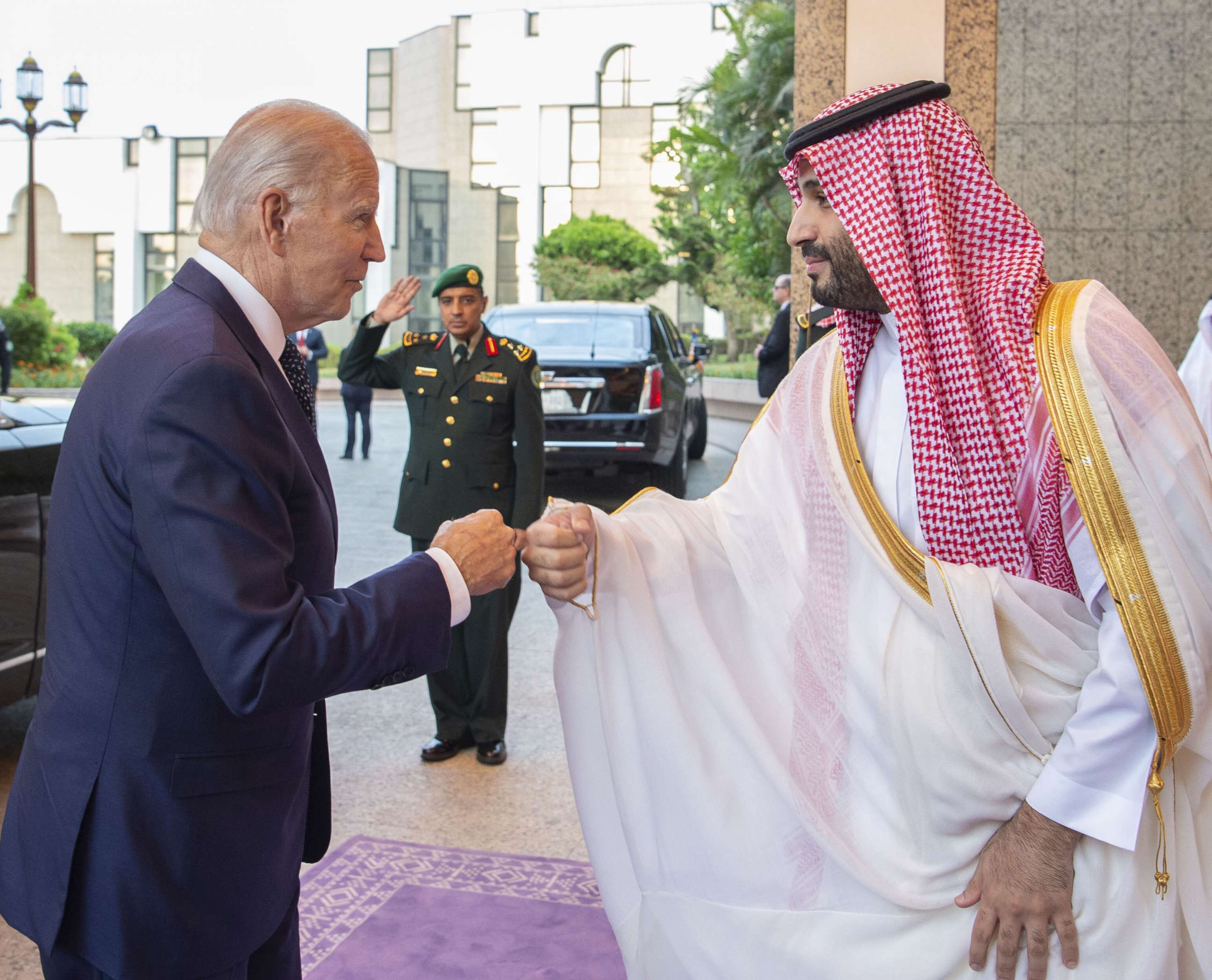PHOTO: President Joe Biden is welcomed by Saudi Arabian Crown Prince Mohammed bin Salman at Alsalam Royal Palace in Jeddah, Saudi Arabia, July 15, 2022.