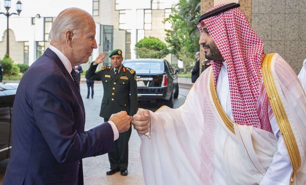 PHOTO: President Joe Biden is welcomed by Saudi Arabian Crown Prince Mohammed bin Salman at Alsalam Royal Palace in Jeddah, Saudi Arabia, July 15, 2022.