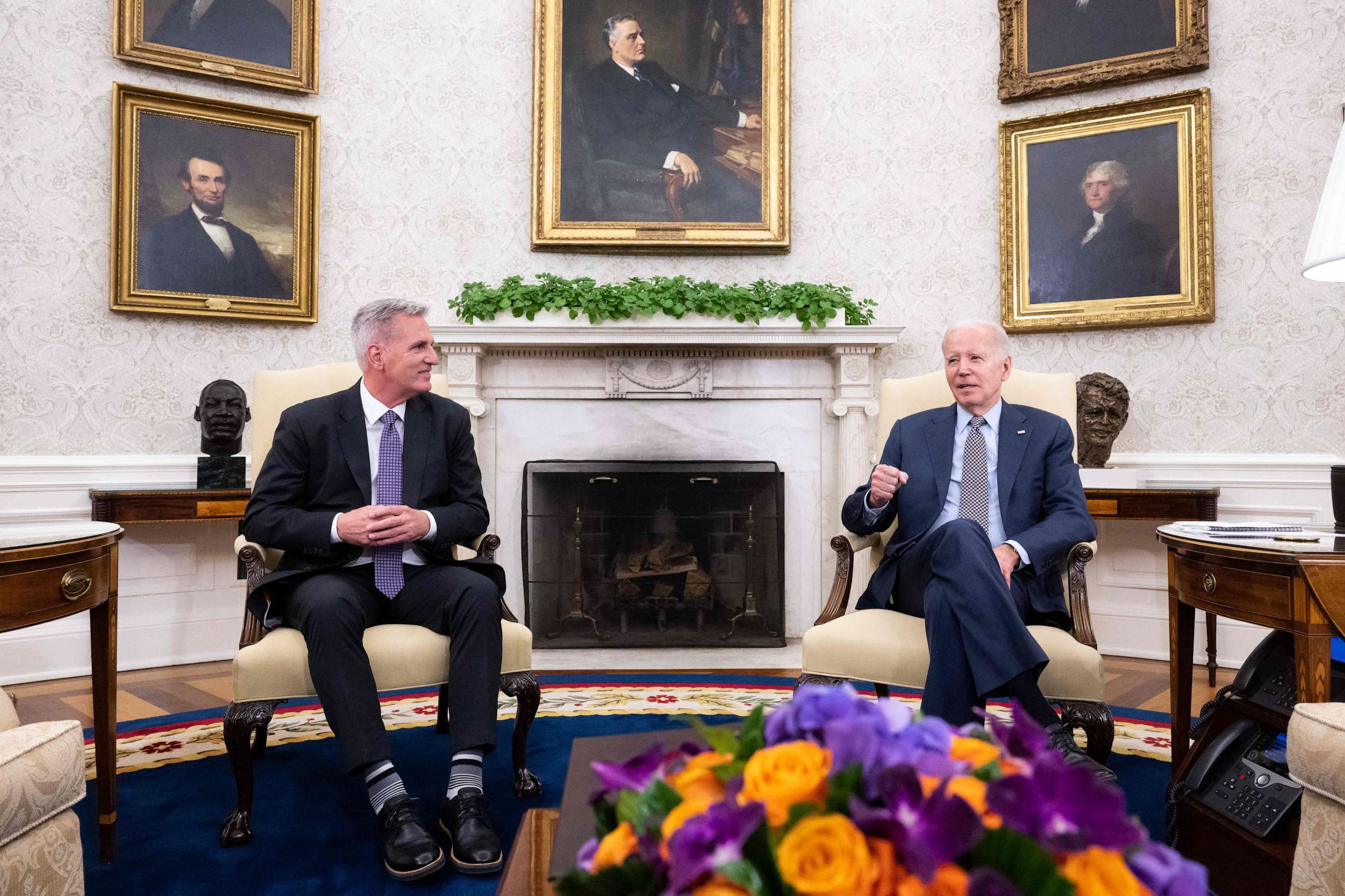 PHOTO: House Speaker Kevin McCarthy listens as President Joe Biden speaks during a meeting on the debt ceiling, in the Oval Office of the White House in Washington, May 22, 2023.