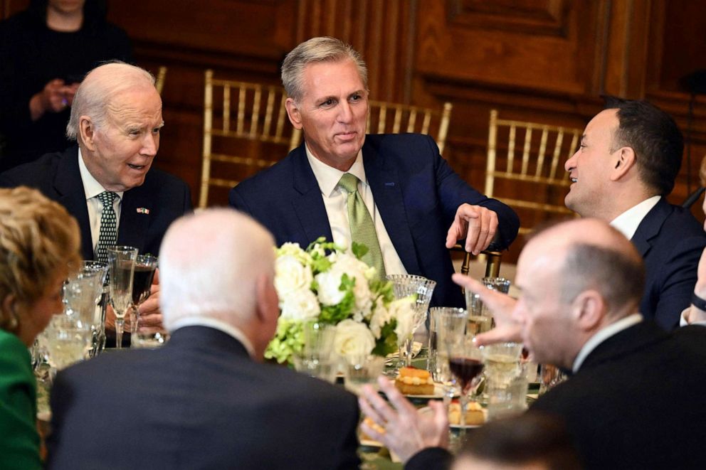 PHOTO: President Joe Biden, Speaker of the House Kevin McCarthy, and Irish Taoiseach Leo Varadkar attend the annual Friends of Ireland luncheon on St. Patrick's Day at the US Capitol in Washington, DC, March 17, 2023.