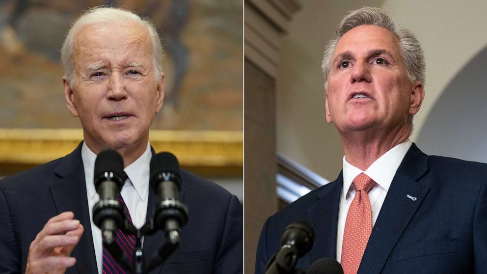 PHOTO: Split image showing President Joe Biden speaking to reporters in the Roosevelt Room at the White House, May 9, 2023, and Speaker of the House McCarthy speaking after meeting with President Biden about the debt ceiling, May 16, 2023, in Washington.