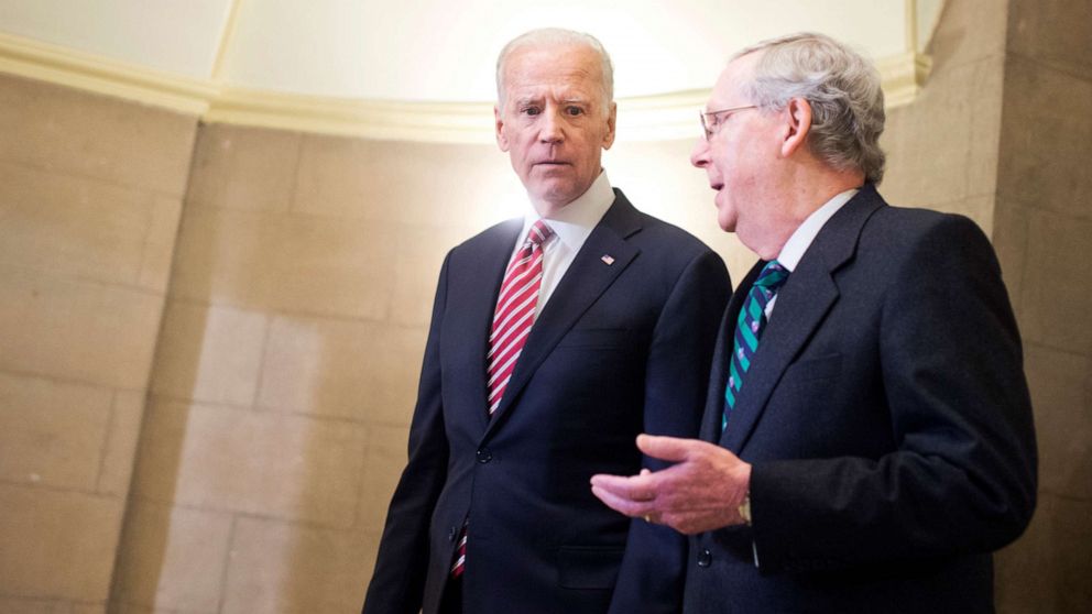 PHOTO: In this Jan. 12, 2016, file photo, Vice President Joe Biden and Senate Majority Leader Mitch McConnell make their way to the House floor for President Obama's State of the Union address in Washington, D.C.