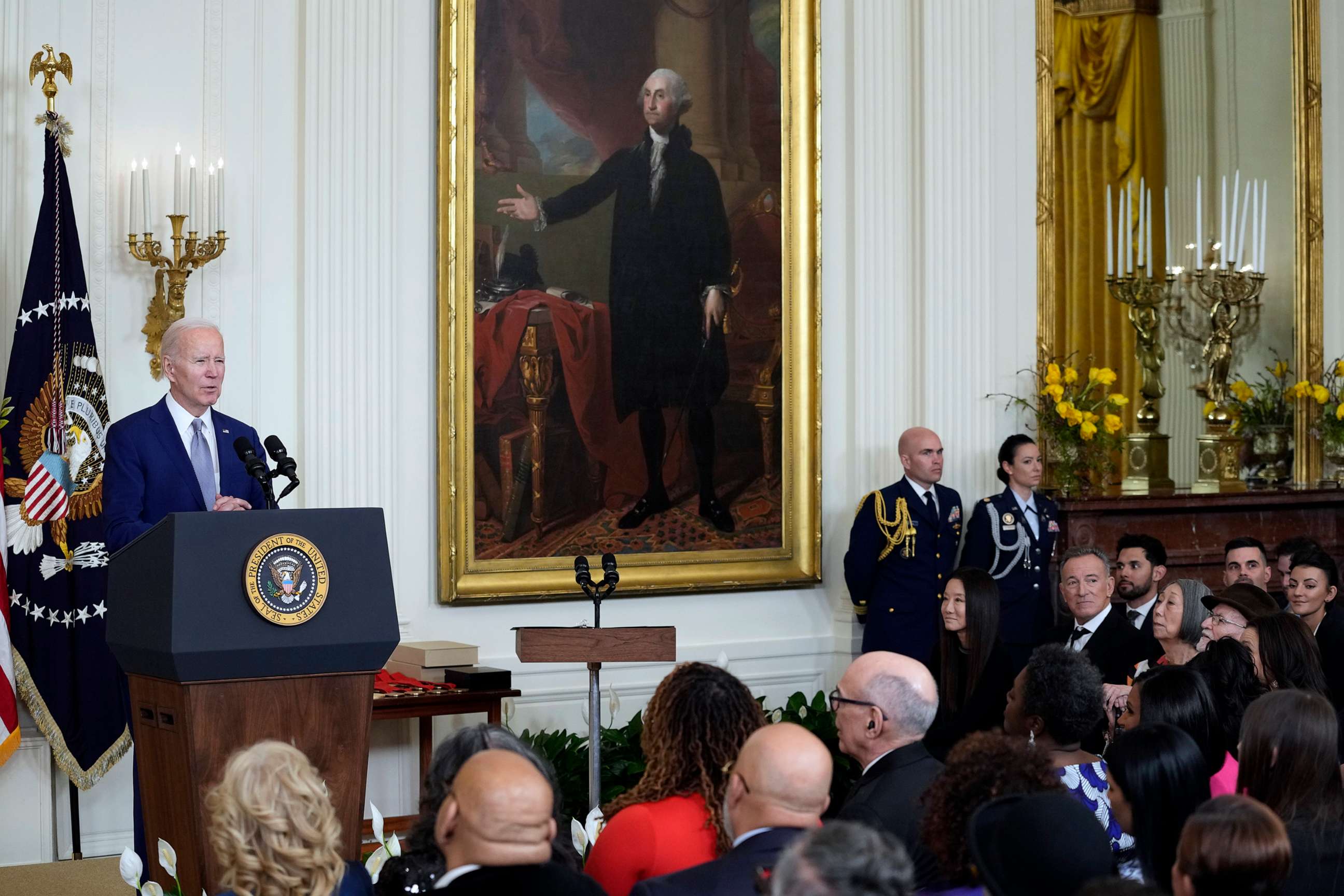 PHOTO: President Joe Biden speaks before presenting the 2021 National Humanities Medal and the 2021 National Medal of Arts at White House in Washington, D.C., March 21, 2023.