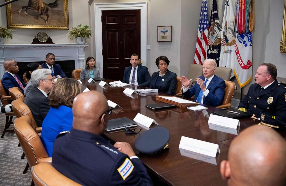 PHOTO: President Joe Biden speaks during a meeting about reducing gun violence with local leaders from around the country, July 12, 2021, in the Roosevelt Room of the White House.