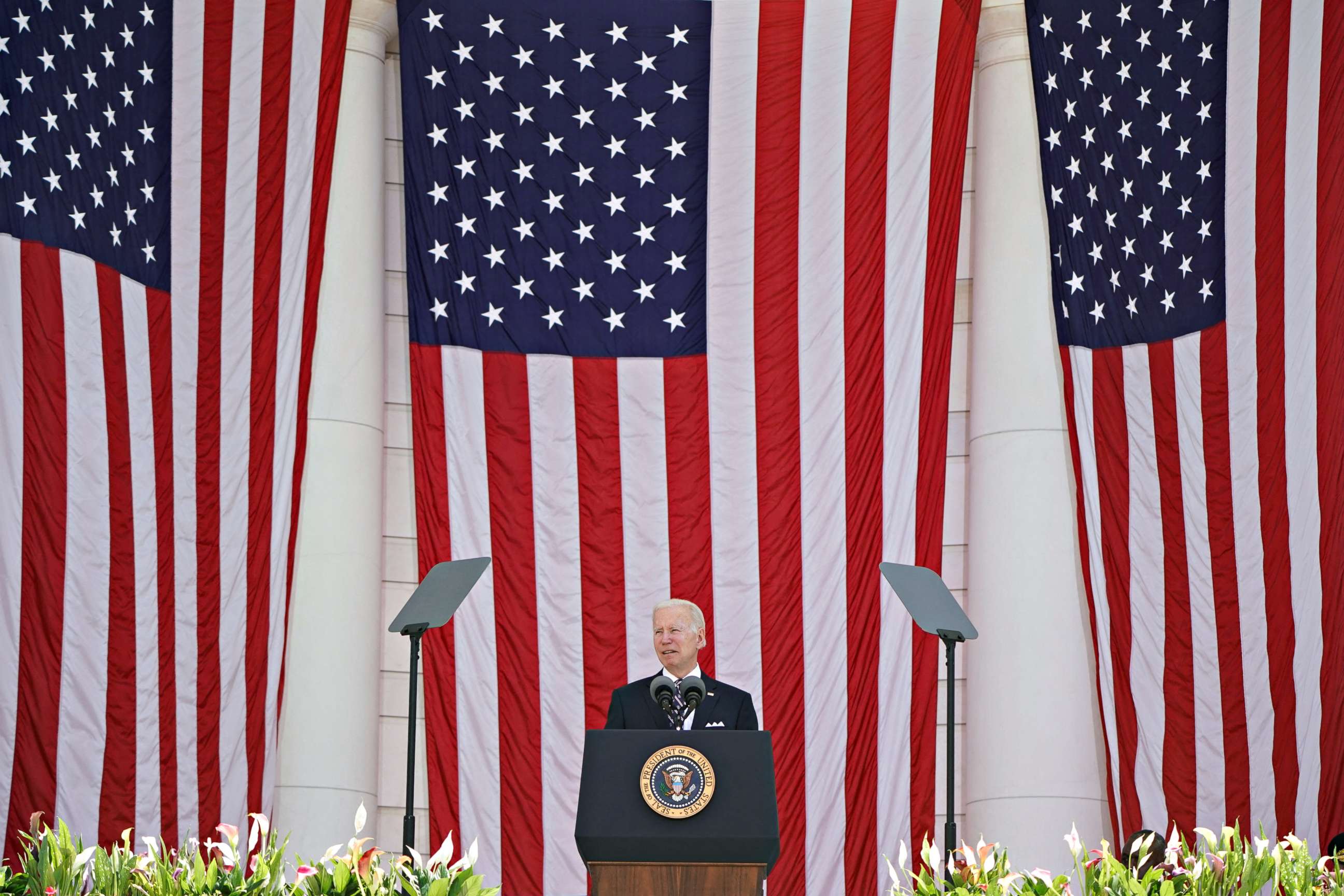 PHOTO: President Joe Biden speaks during The National Memorial Day Wreath-Laying and Observance ceremony to honor America's fallen, at Arlington National Cemetery in Arlington, Virginia, May 30, 2022.