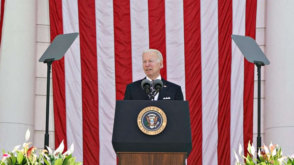 PHOTO: President Joe Biden speaks during The National Memorial Day Wreath-Laying and Observance ceremony to honor America's fallen, at Arlington National Cemetery in Arlington, Virginia, May 30, 2022.