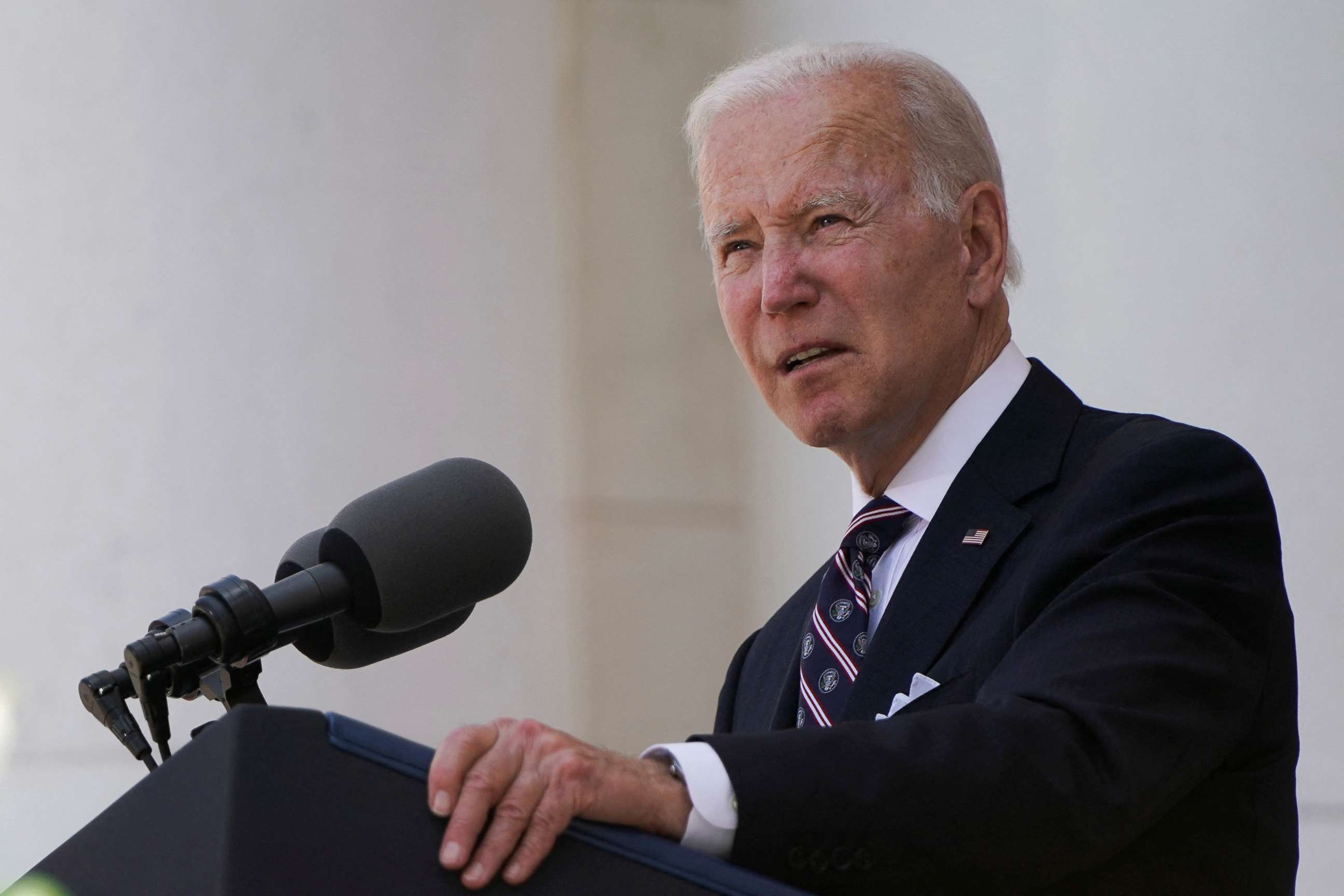 PHOTO: President Joe Biden speaks during the 154th National Memorial Day Wreath-Laying and Observance ceremony to honor America's fallen, at Arlington National Cemetery in Arlington, Virginia, May 30, 2022.