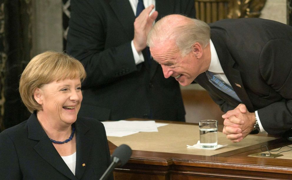 PHOTO: Vice President Joe Biden congratulates German Chancellor Angela Merkel after her speech to the U.S. Congress in Washington D.C., Nov. 3, 2009. 