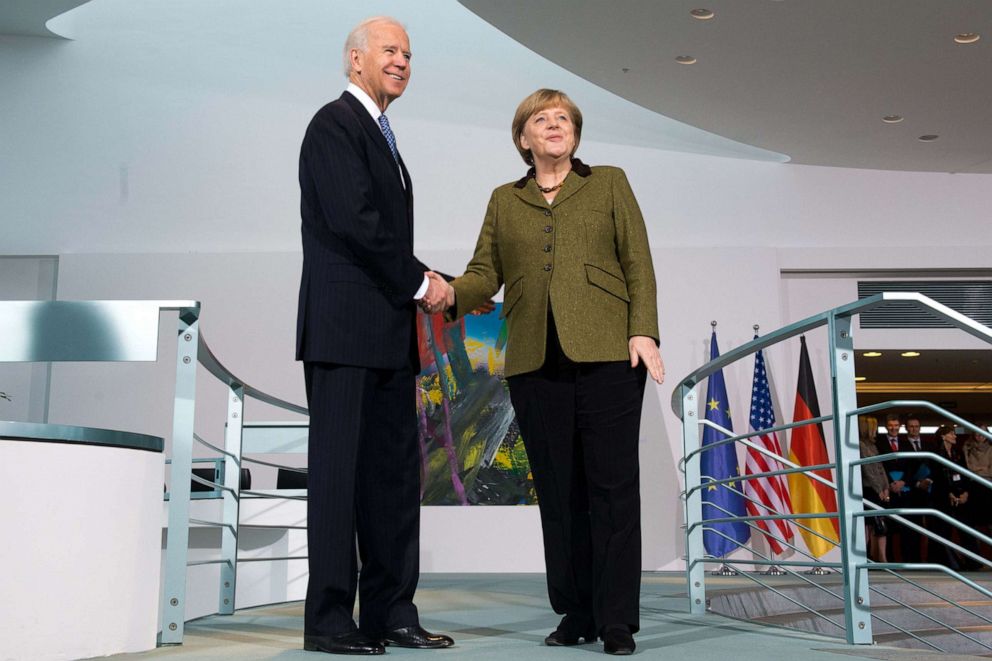 PHOTO: In this Feb. 1, 2013, file photo, German Chancellor Angela Merkel receives US Vice President Joe Biden at the Federal Chancellery in Berlin.