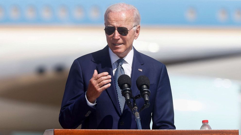 PHOTO: President Joe Biden, speaks during an arrival ceremony at Ben Gurion International Airport in Tel Aviv, Israel, on July 13, 2022.