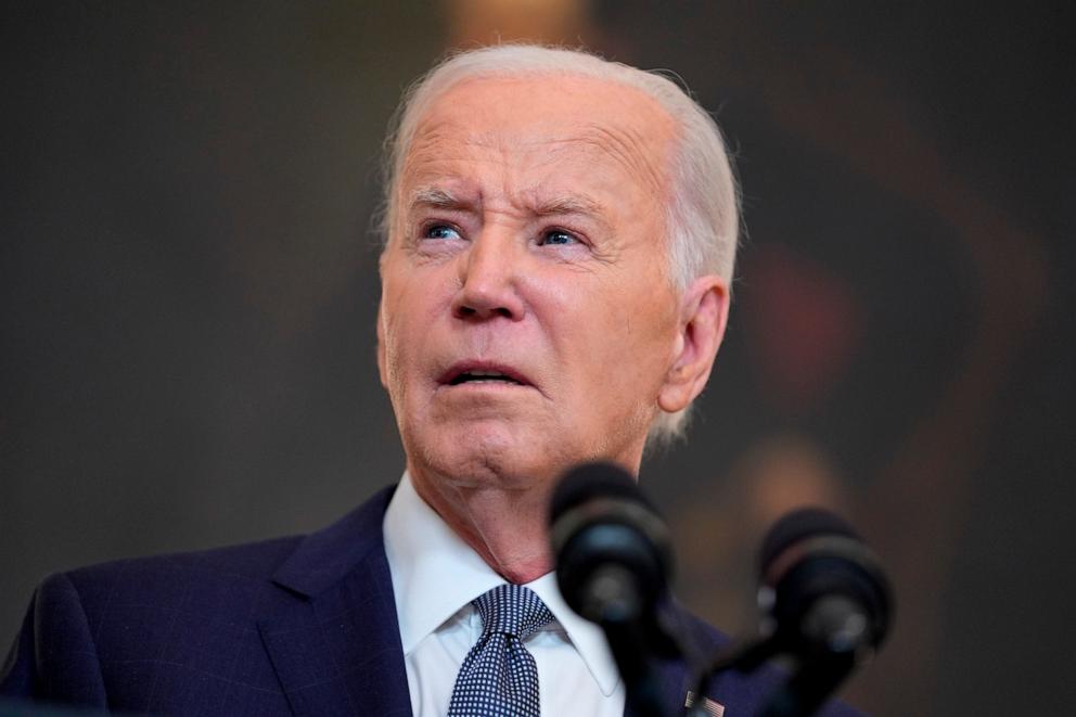 PHOTO: President Joe Biden delivers remarks on the verdict in former President Donald Trump's hush money trial and on the Middle East, from the State Dining Room of the White House, Friday, May 31, 2024, in Washington. 