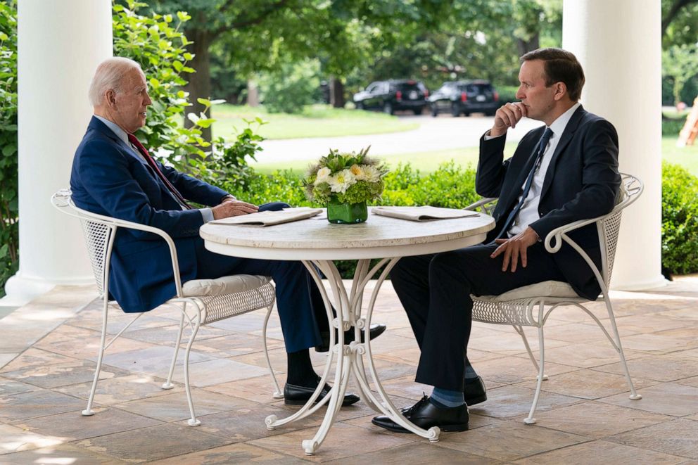 PHOTO: President Joe Biden meets with Sen. Chris Murphy about gun control outside the Oval Office of the White House, June 7, 2022, in Washington. 