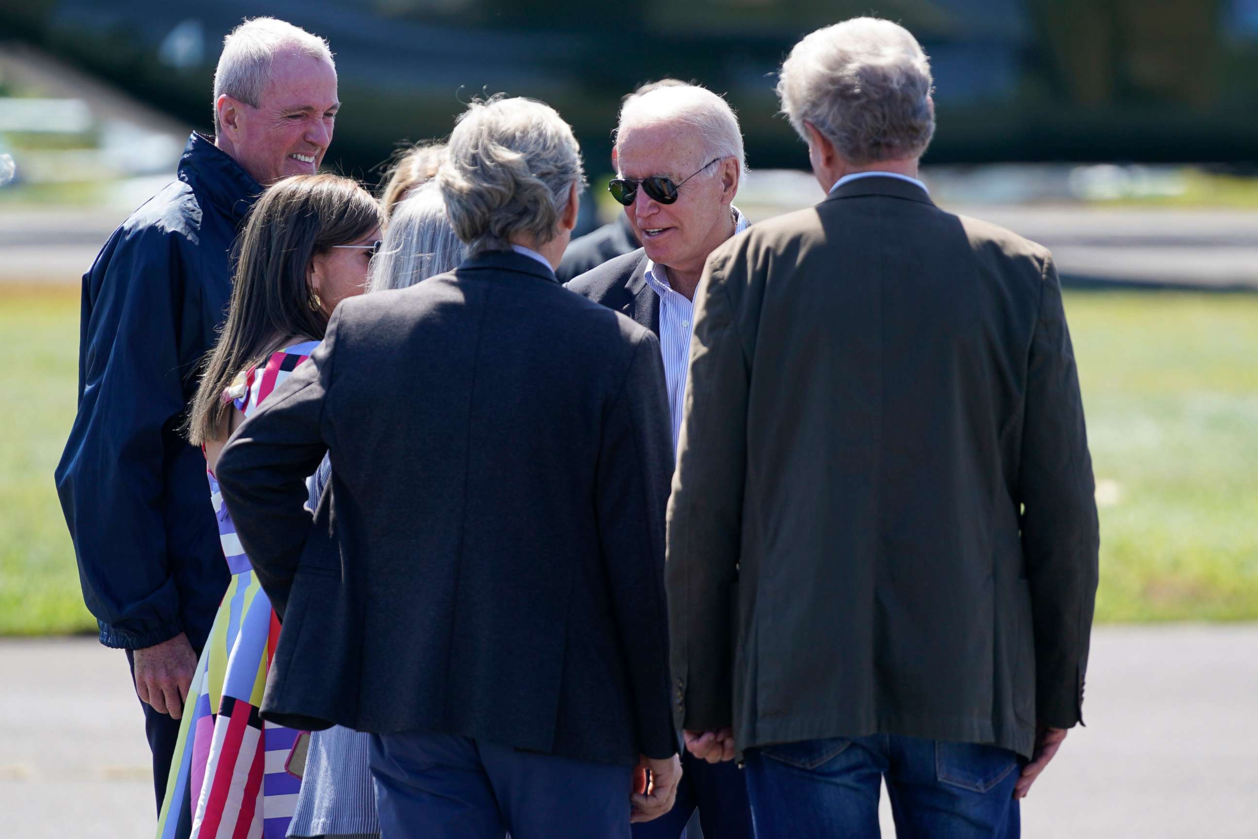 PHOTO: President Joe Biden is greeted by New Jersey Gov. Phil Murphy, and others as he arrives for briefing about the impact of Hurricane Ida, Sept. 7, 2021, in Hillsborough Township, N.J. 