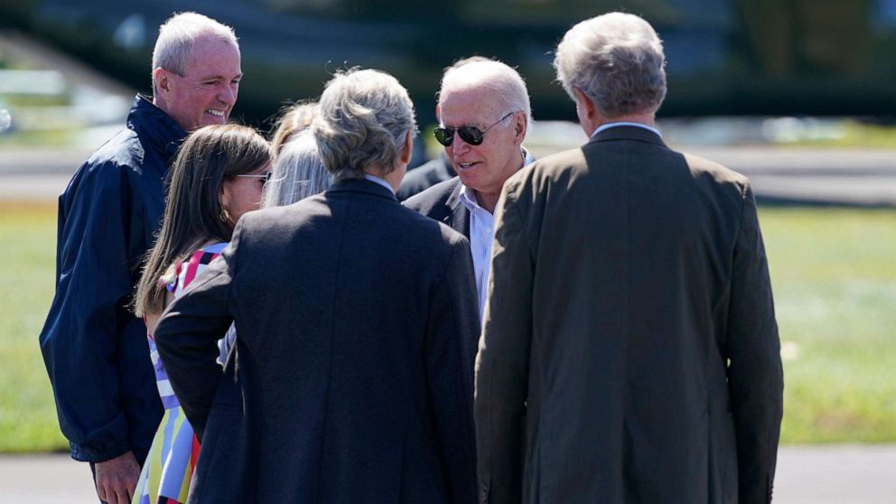PHOTO: President Joe Biden is greeted by New Jersey Gov. Phil Murphy, and others as he arrives for briefing about the impact of Hurricane Ida, Sept. 7, 2021, in Hillsborough Township, N.J. 