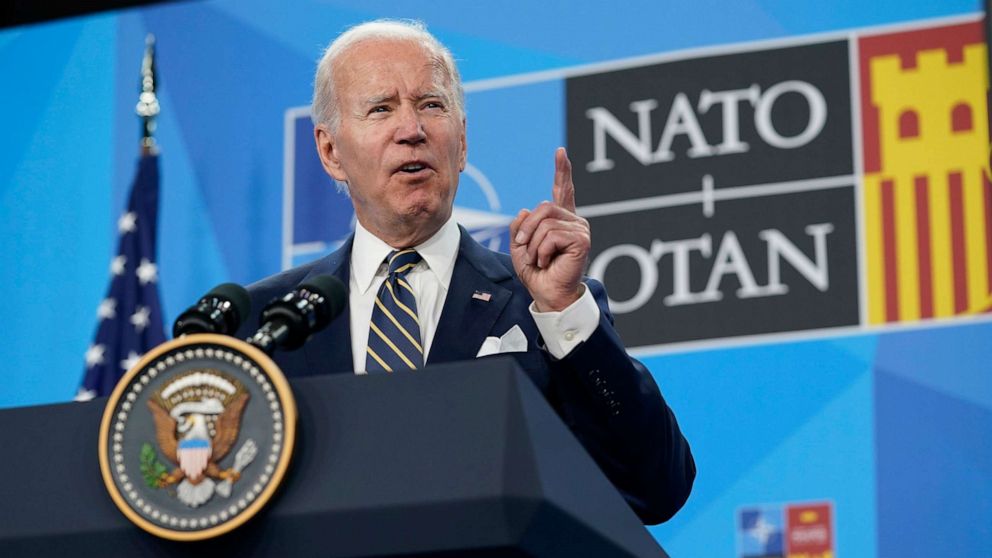 PHOTO: President Joe Biden speaks during a news conference on the final day of the NATO summit in Madrid, June 30, 2022. 