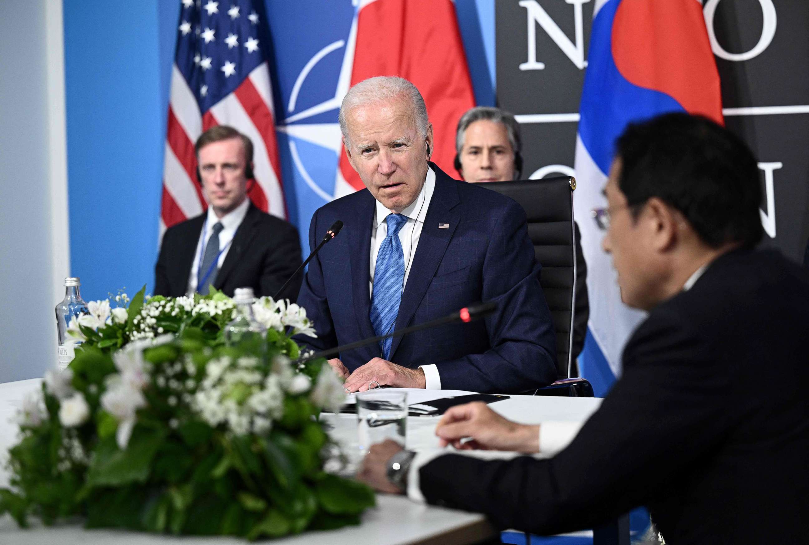 PHOTO: President Joe Biden, Secretary of State Antony Blinken and US National Security Advisor Jake Sullivan meet with Japan's Prime Minister Fumio Kishida during the NATO summit in Madrid, June 29, 2022.