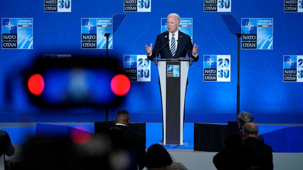 PHOTO: President Joe Biden speaks during a news conference at the NATO summit at NATO headquarters in Brussels, June 14, 2021.
