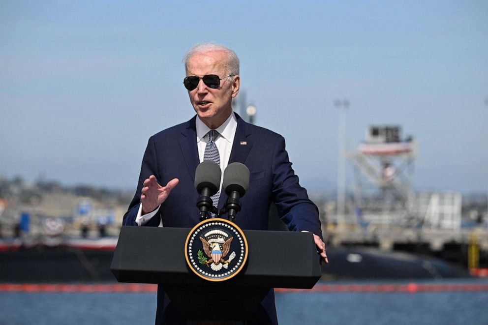 PHOTO: President Joe Biden speaks at a press conference with British Prime Minister Rishi Sunak and Australian Prime Minister Anthony Albanese (out of frame) during the AUKUS summit on March 13, 2023, at Naval Base Point Loma in San Diego.