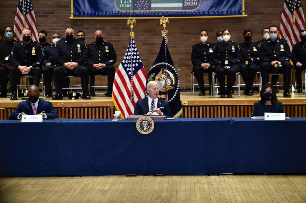 PHOTO: President Joe Biden participates in a Gun Violence Strategies Partnership meeting at the NYPD Headquarters in New York, on Feb. 3, 2022.