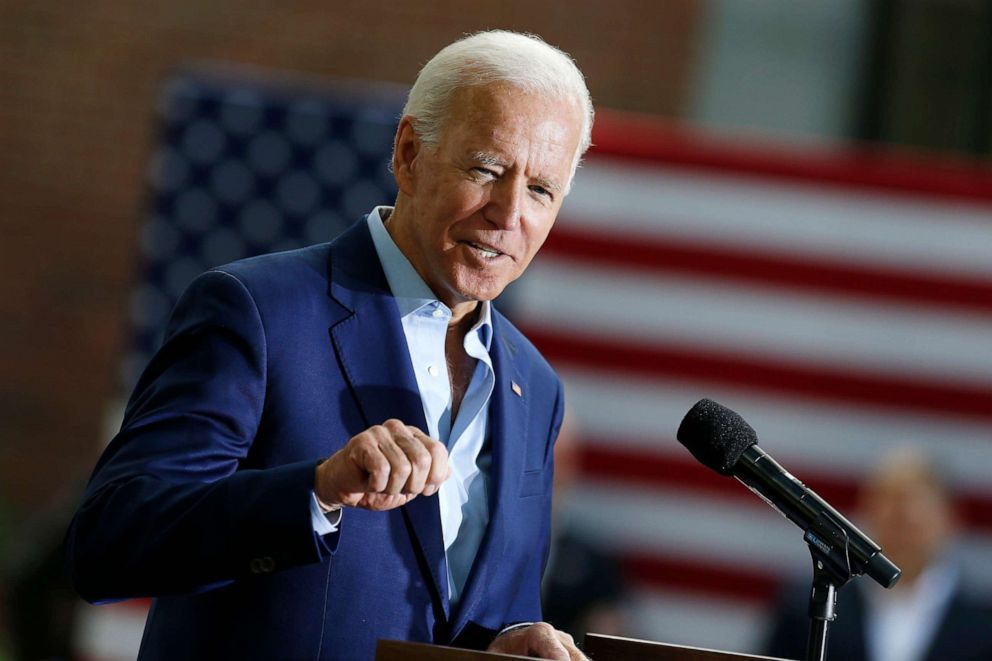 PHOTO: Democratic presidential candidate and former Vice President Joe Biden speaks at a campaign event in Keene, N.H., Aug. 24, 2019.