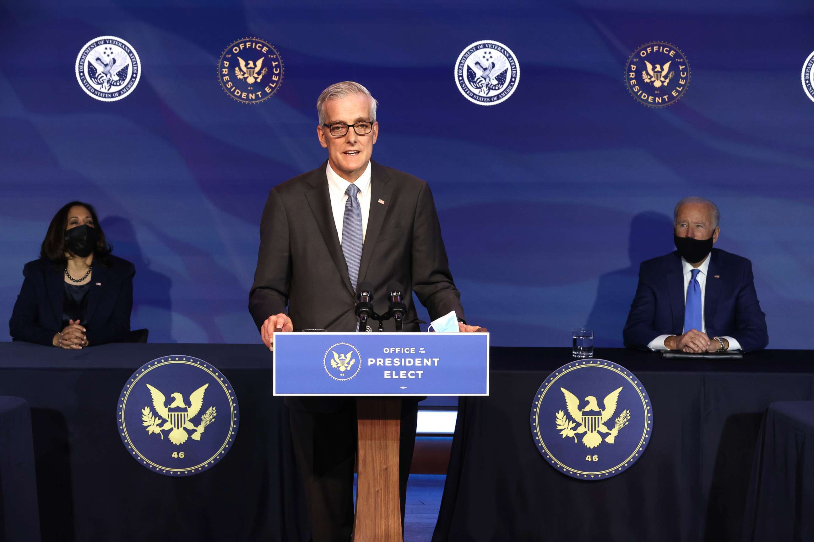 PHOTO: Former Obama White House Chief of Staff Denis McDonough delivers remarks after being introduced as a nominee to head the Department of Veterans Affairs, Dec. 11, 2020, in Wilmington, Del.