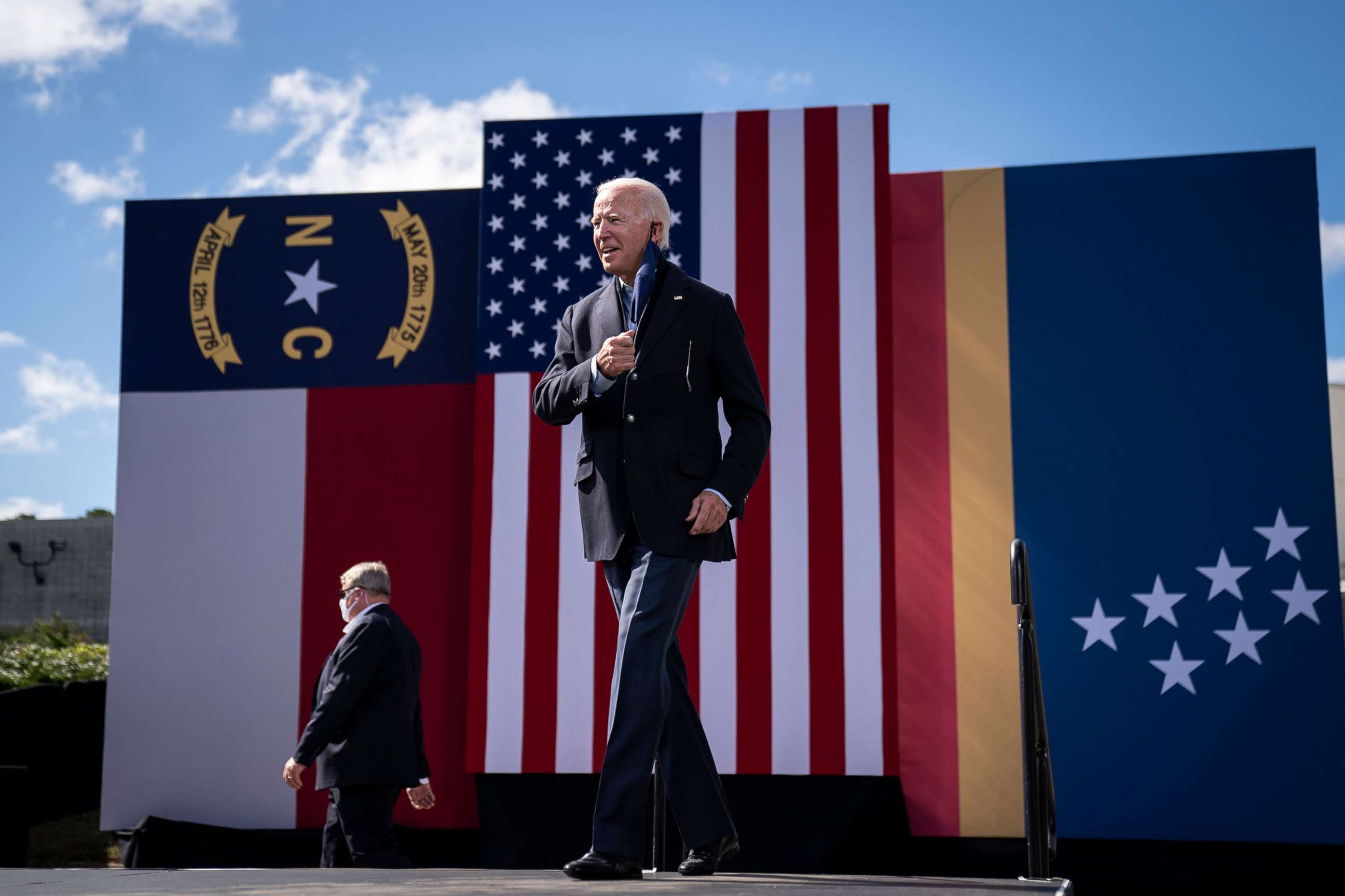 PHOTO: Democratic presidential nominee Joe Biden arrives to speak at a drive-in campaign rally at Riverside High School in Durham, N.C., Oct. 18, 2020.