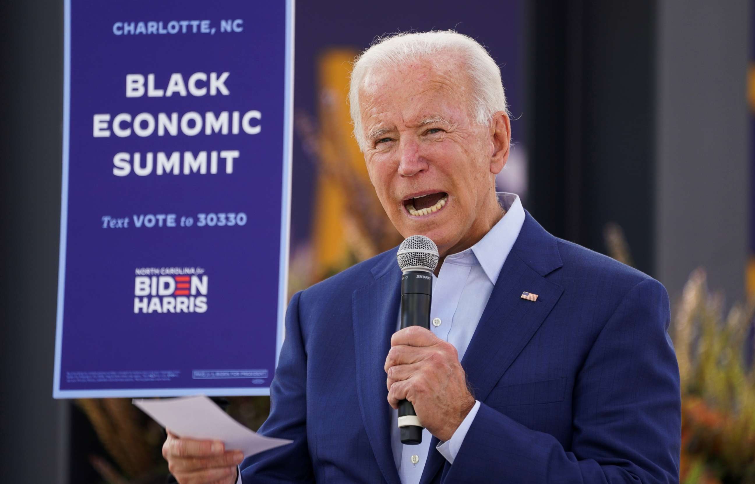 PHOTO: Democratic presidential nominee Joe Biden speaks at an outdoor "Black Economic Summit" while campaigning for president in Charlotte, N.C., Sept. 23, 2020.