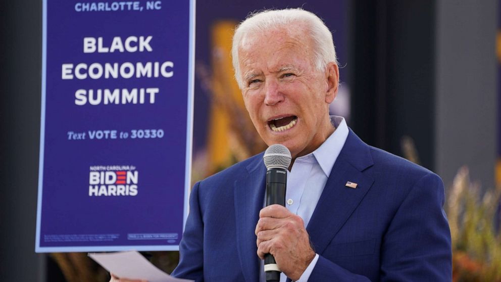 PHOTO: Democratic presidential nominee Joe Biden speaks at an outdoor "Black Economic Summit" while campaigning for president in Charlotte, N.C., Sept. 23, 2020.