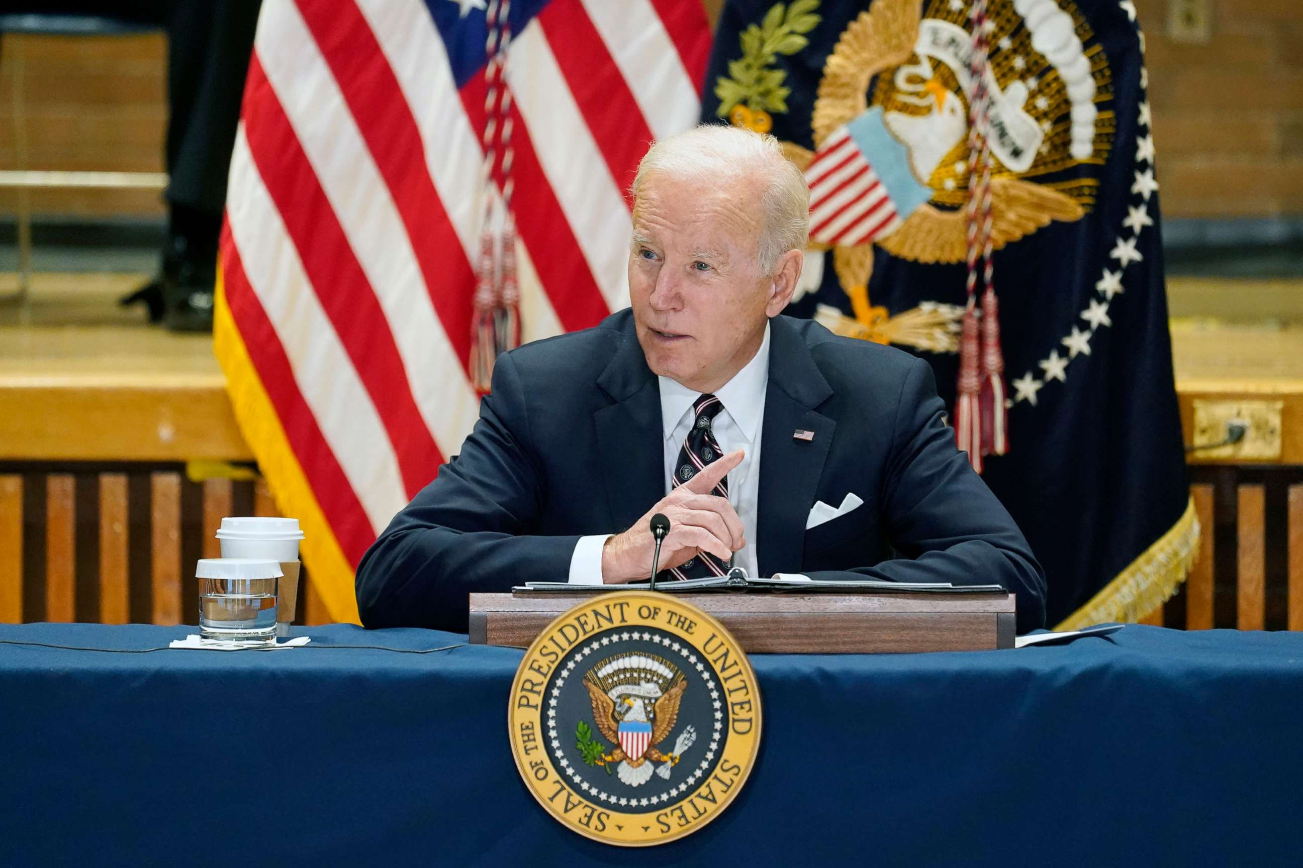 PHOTO: President Joe Biden speaks at an event with New York City Mayor Eric Adams and Gov. Kathy Hochul, to discuss gun violence strategies, at police headquarters, on Feb. 3, 2022, in New York.