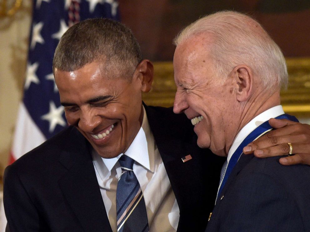 PHOTO: In this Jan. 12, 2017, file photo, President Barack Obama laughs with Vice President Joe Biden during a ceremony in the State Dining Room of the White House in Washington where Obama presented Biden with the Presidential Medal of Freedom.