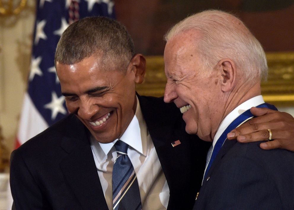 PHOTO: In this Jan. 12, 2017 file photo, President Barack Obama laughs with Vice President Joe Biden during a ceremony in the State Dining Room of the White House in Washington where Obama presented Biden with the Presidential Medal of Freedom. 