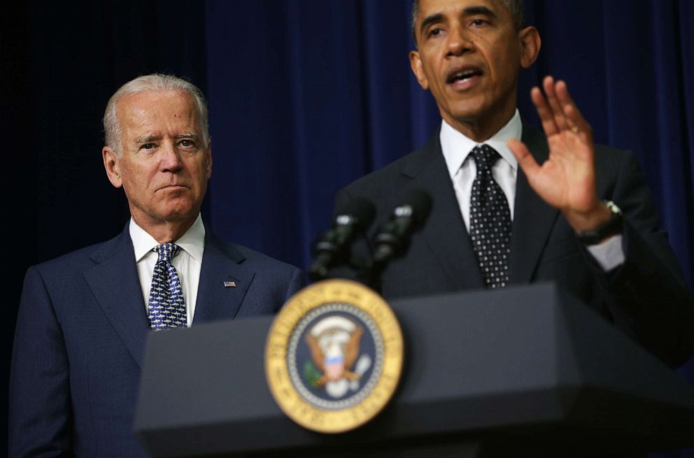 PHOTO: Then-President Barack Obama, right, speaks as then-Vice President Joseph Biden listens during a bill signing ceremony at the South Court Auditorium of the Eisenhower Executive Office Building June 10, 2014 in Washington, D.C.