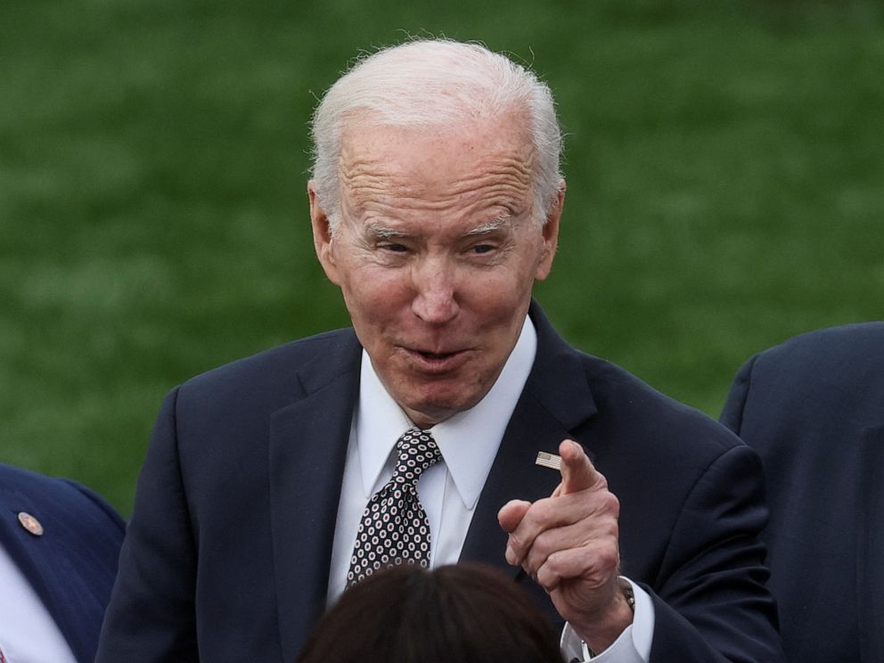 PHOTO: U.S. President Joe Biden speaks to guests after delivering remarks on administration efforts to strengthen national supply chains and increase the number of truck drivers, at the White House in Washington, U.S., April 4, 2022. 