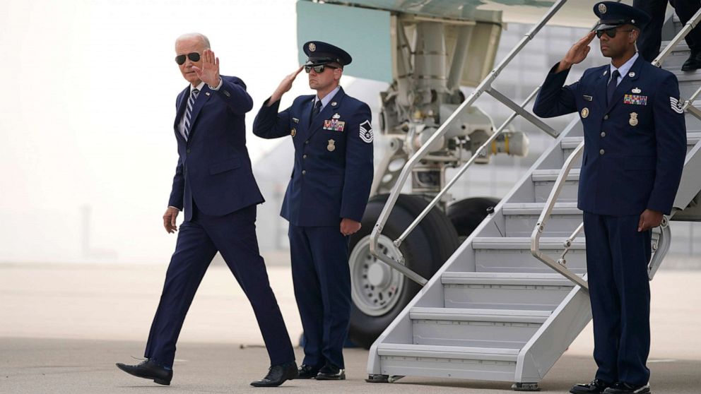 PHOTO: President Joe Biden arrives at O'Hare International Airport, June 28, 2023, in Chicago.