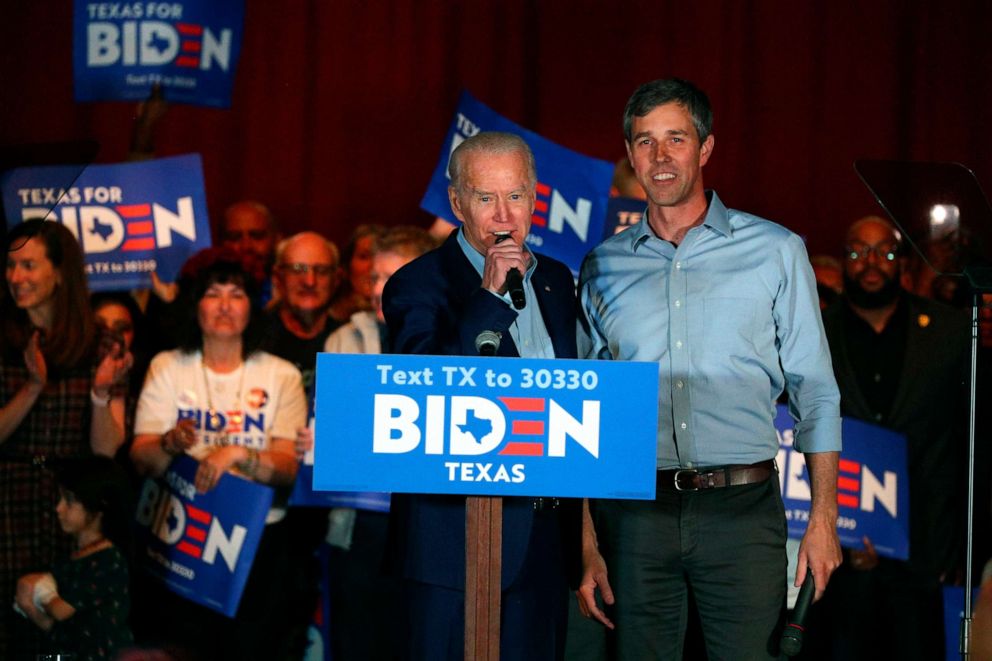 PHOTO: Democratic presidential candidate former Vice President Joe Biden speaks after former Texas Rep. Beto O'Rourke endorsed him at a campaign rally, March 2, 2020 in Dallas.