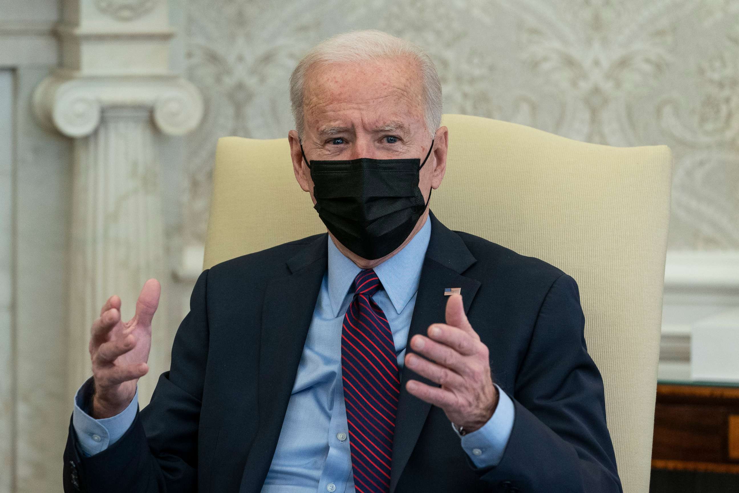 PHOTO: President Joe Biden speaks with House Democratic Leaders in the Oval Office of the White House, Feb. 5, 2021, in Washington.