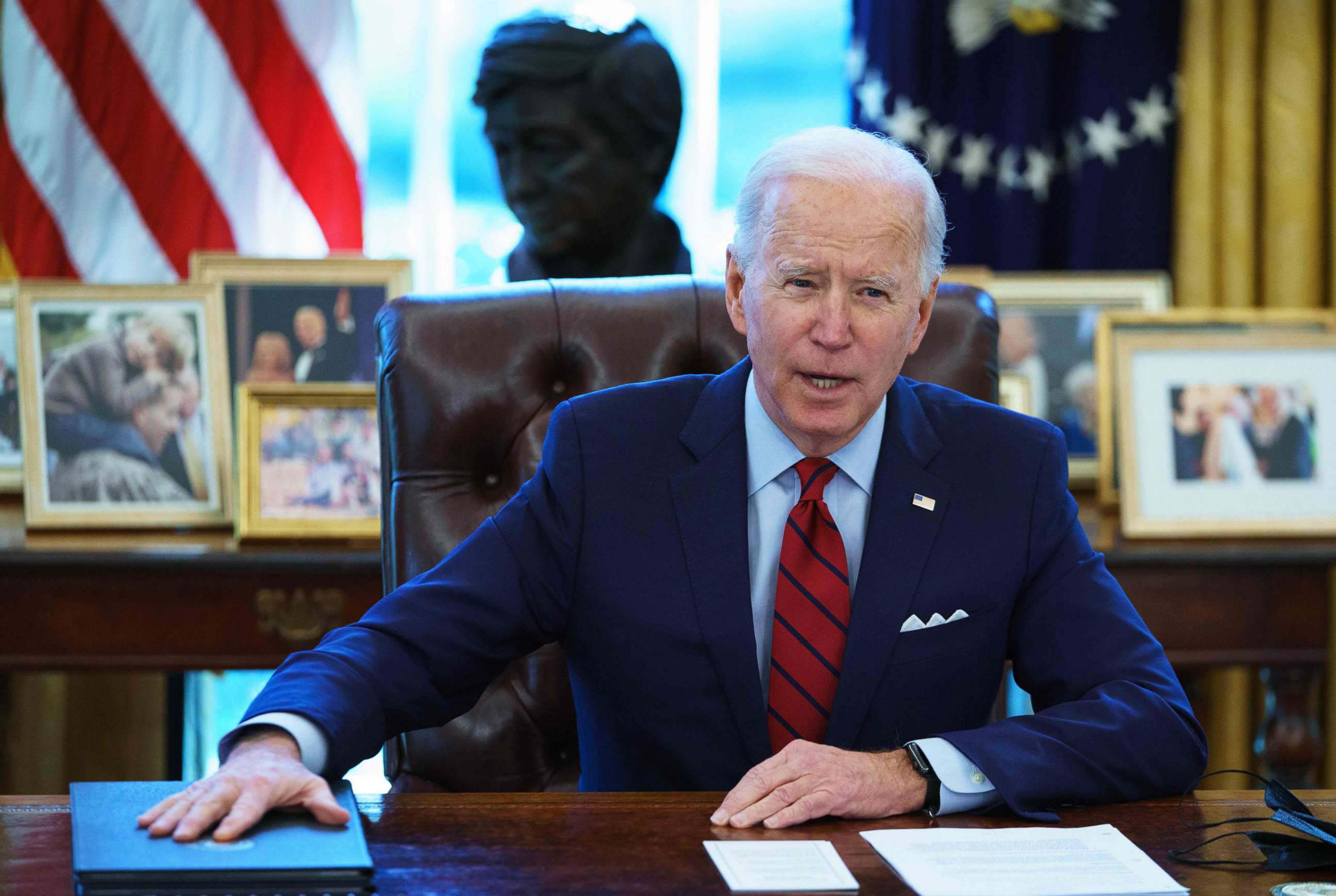 PHOTO: President Joe Biden speaks in the Oval Office of the White House in Washington, D.C., Jan. 28, 2021.