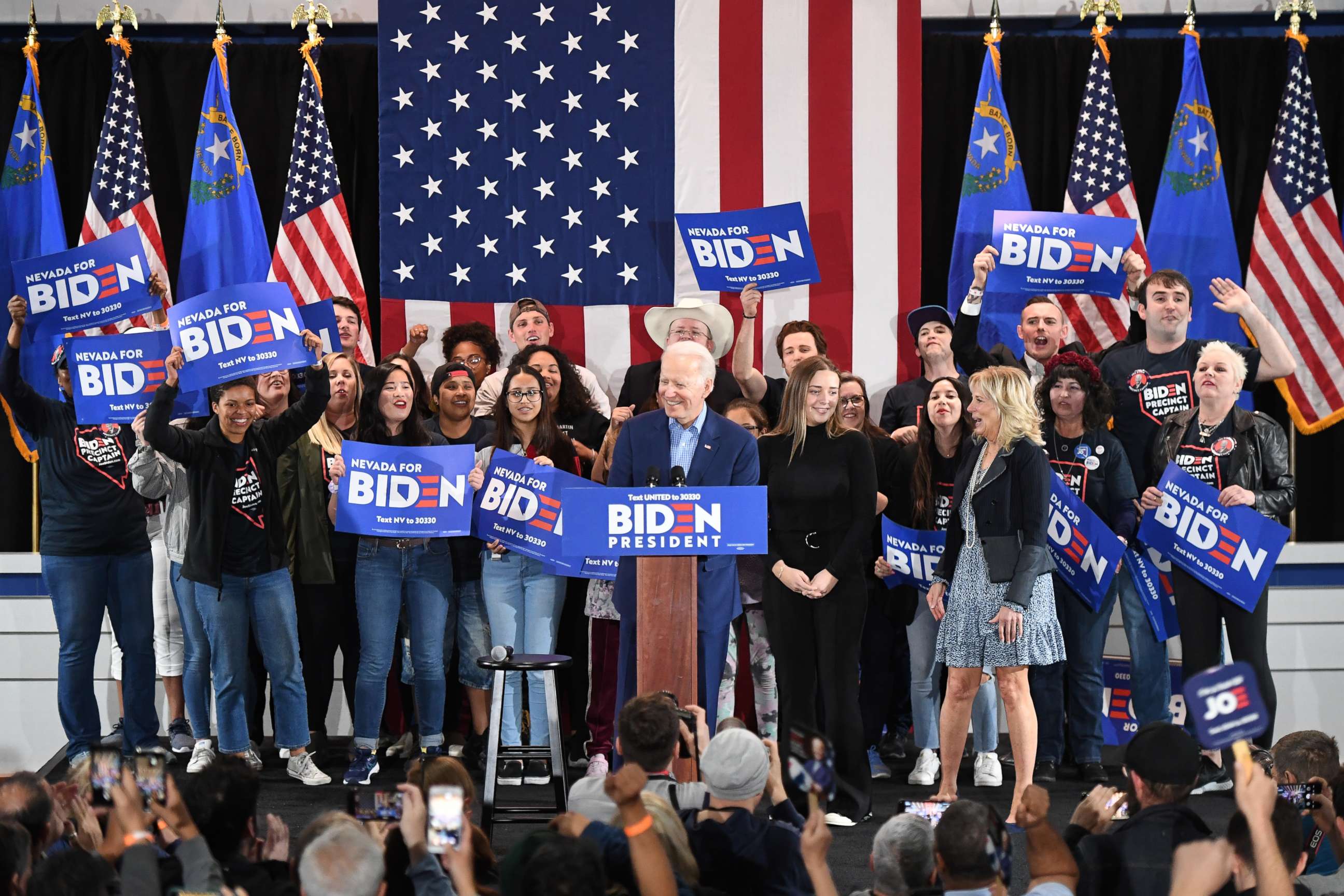 PHOTO: Democratic presidential candidate former Vice President Joe Biden speaks during a Nevada caucus day event at IBEW Local 357 on February 22, 2020 in Las Vegas, Nevada.