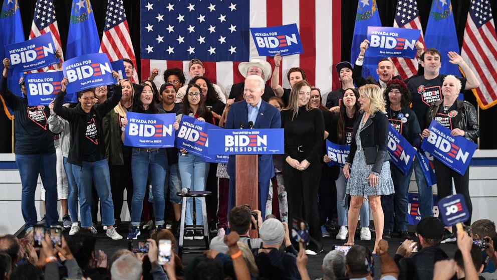 PHOTO: Democratic presidential candidate former Vice President Joe Biden speaks during a Nevada caucus day event at IBEW Local 357 on February 22, 2020 in Las Vegas, Nevada.