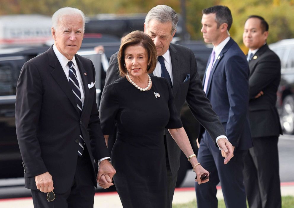 PHOTO: Former Vice President Joe Bidenv and House Speaker Nancy Pelosi arrive for the funeral service of Rep. Elijah Cummings at New Psalmist Baptist Church, Oct. 25, 2019, in Baltimore.